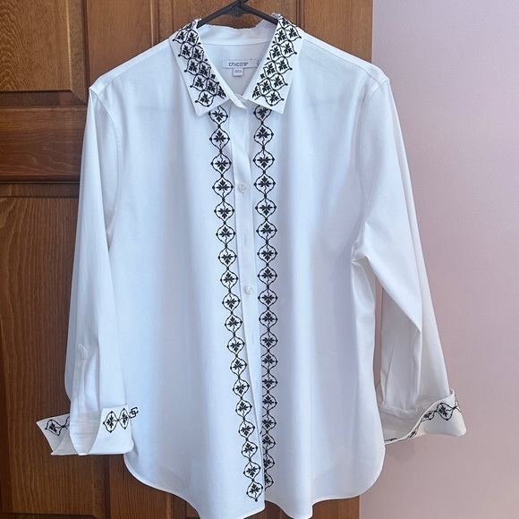 Chico's Tops - Chico's Women’s White Shirt with Black Embroidery Chico’s size 3